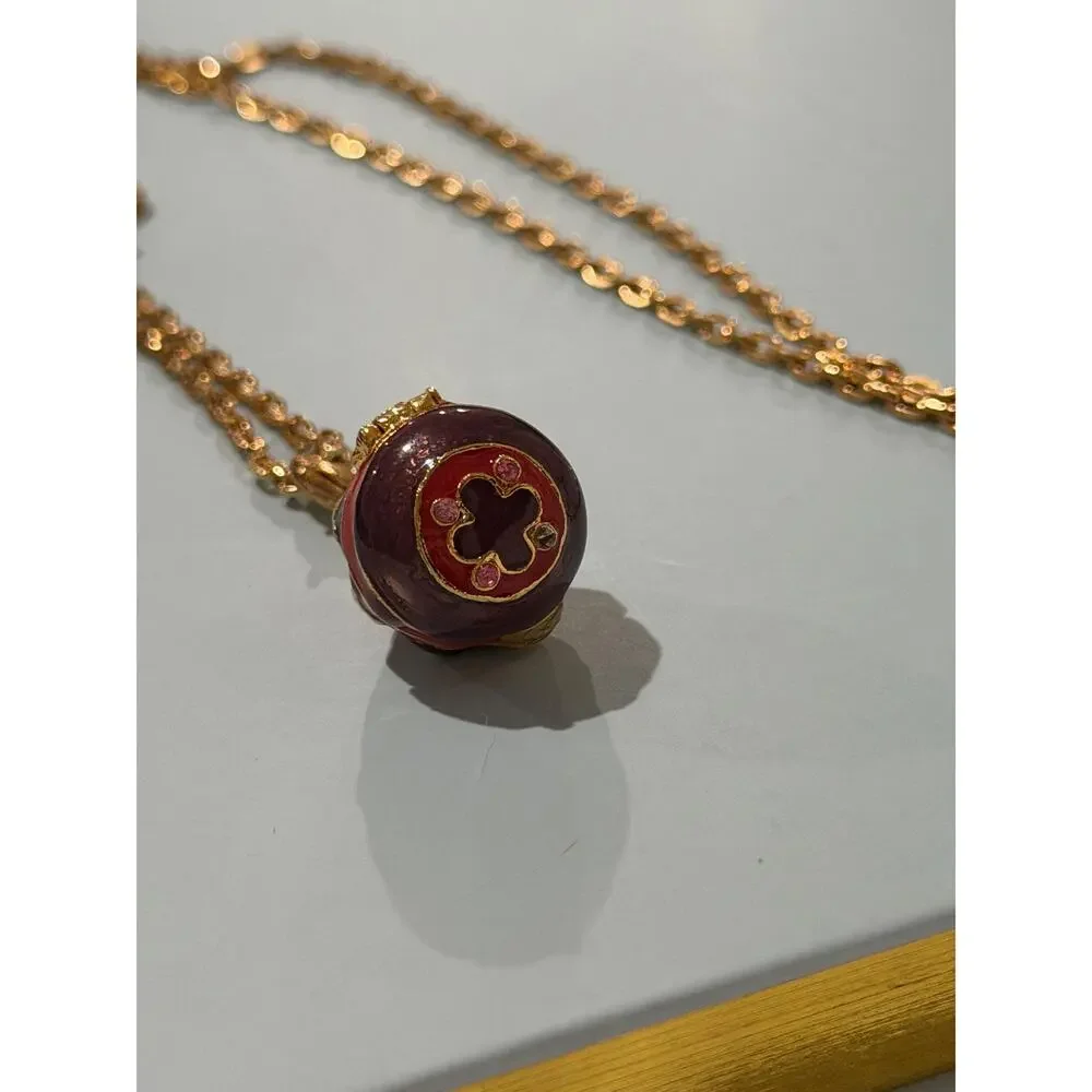 Vintage Joan Rivers Faberge Style Egg Locket Necklace • Red Enamel • Gold Plate